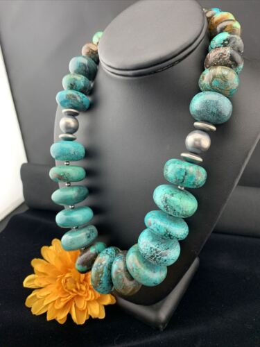 Navajo Pearl Sterling Silver Necklace | Graduated Blue Chunky Turquoise | Authentic Native American | 24" | 1743