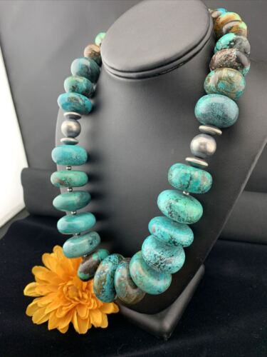 Navajo Pearl Sterling Silver Necklace | Graduated Blue Chunky Turquoise | Authentic Native American | 24" | 01743
