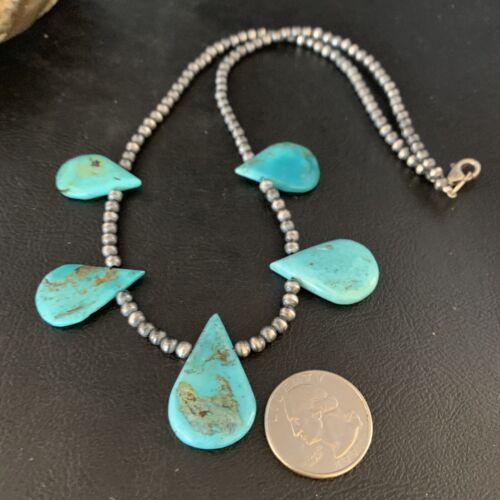 Navajo Teardrop Blue Turquoise Necklace | Sterling Silver Pearls | 20" | Authentic Native American Handmade | 13967