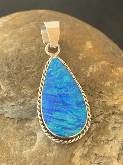 Navajo Blue Faux Opal Pendant | Sterling Silver | Authentic Native American Handmade | 1.50" | 01391