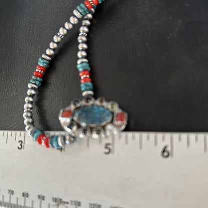 Navajo Multi-Color Blue Turquoise Coral Necklace Pendant | Authentic Native American Sterling Silver | Naja | 14371 - Masha USA