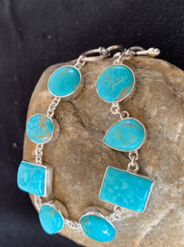 Native American Navajo Blue Turquoise Sterling Silver Link Bracelet 9” 665