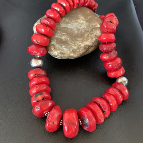 Navajo Red Coral Bead Necklace | Sterling Silver | Graduated 21" | Authentic Native American Jewelry | 13160