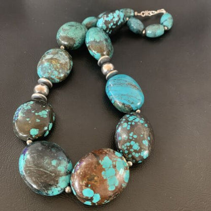 Chunky Navajo Pearl Graduated Turquoise Necklace | Sterling Silver | Authentic Native American Jewelry | 21" | 11903 - Masha USA