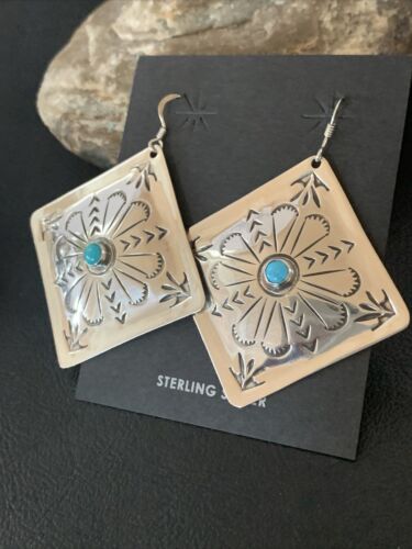 Navajo Turquoise Stamped Earrings | Sterling Silver | Authentic Native American Handmade | 1205
