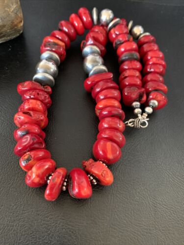Navajo Red Coral Bead Necklace | Sterling Silver | 20" | Authentic Native American Handmade | 13375