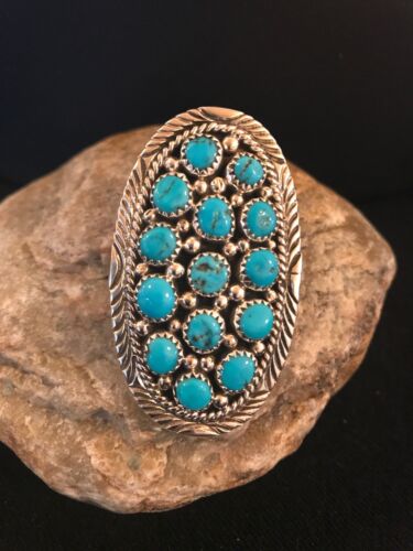 Navajo Kingman Turquoise Cluster Ring | Authentic Native American Sterling Silver | Multi-Stone | Sz 7.5 | 8392