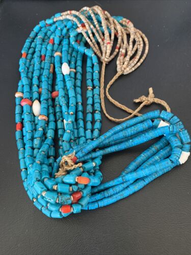 Southwestern Santo Domingo Coral Spiny Blue Turquoise Jacla Necklace | 32" | Native American Handmade | 12047