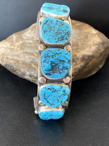 Navajo Sterling Silver Blue Kingman Turquoise Cuff Bracelet | 6 Stone | Authentic Native American Handmade | 12166