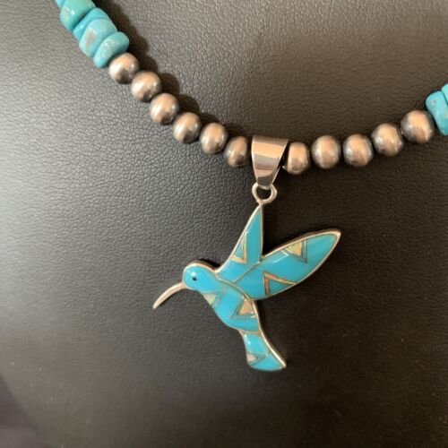 Navajo Hummingbird Inlay Pendant | Blue Turquoise & Opal | Sterling Silver | Native American Handmade | 11326