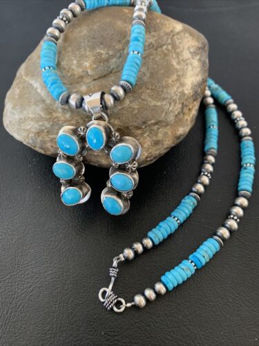 Navajo Blue Turquoise Necklace with Sterling Silver Naja Pendant | Authentic Native American Handmade | 02016