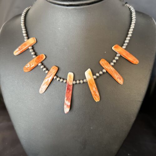 Navajo Spiny Oyster Stick Bead Necklace | Sterling Silver | 20" | Authentic Native American Handmade | 14329