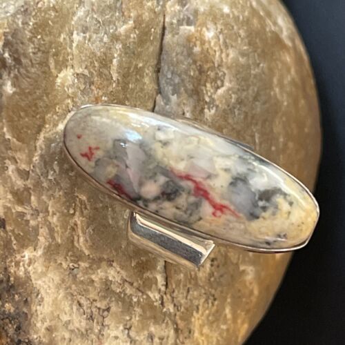 Native American Men's Cinnabrite Ring | White Black | Sterling Silver Handmade | Sz 7 | 01567