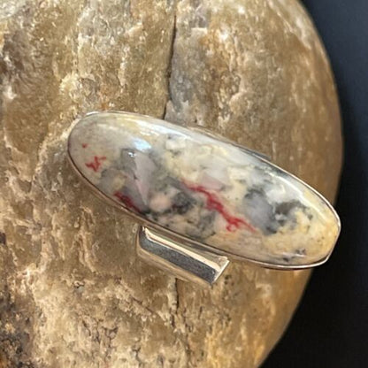 Native American Men's Cinnabrite Ring | White Black | Sterling Silver Handmade | Sz 7 | 01567