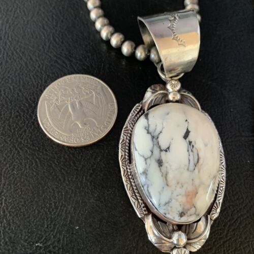 White Buffalo Turquoise Pendant Necklace | Sterling Silver | Navajo | Authentic Native American Handmade | 13991