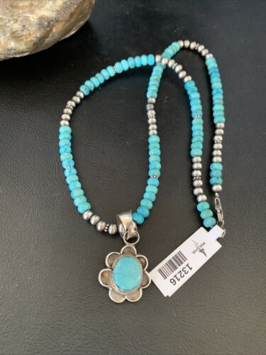Navajo Blue Turquoise Pendant Necklace | Sterling Silver Pearls | Authentic Native American Handmade | 13216