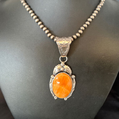 Navajo Pearls Necklace with Orange Spiny Oyster Pendant | Sterling Silver | Authentic Native American Handmade | 14720
