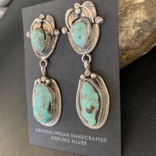 Navajo Blue Dry Creek Turquoise Post Dangle Earrings | Sterling Silver | Authentic Native American Handmade | 13873