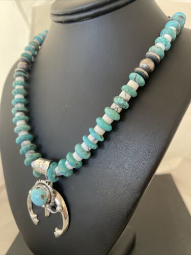 Navajo Kingman Turquoise Naja Pendant | Sterling Silver Howlite Necklace | Authentic Native American Handmade | 1388
