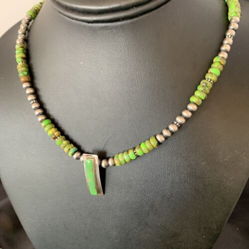 Navajo Green Gaspeite Turquoise Inlay Pendant | Sterling Silver | Authentic Native American Handmade | 13265