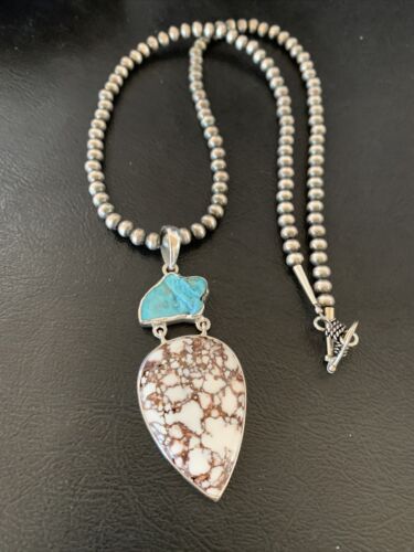 Navajo Pearl Wild Horse Kingman Turquoise Necklace Pendant | Authentic Native American Sterling Silver | Multi-Stone | 11811