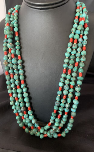 Native American Santo Domingo Blue Turquoise Coral Nugget Bead Necklace | 34" | 13183