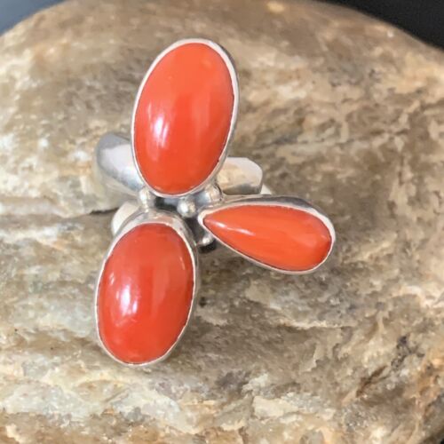 Navajo Red Coral Multi-Stone Ring | Authentic Native American Sterling Silver | Multi-Stone | Sz 7.5 | 14214