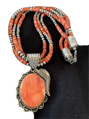 Navajo Red Spiny Oyster Pendant Necklace | 3 Strand Sterling Silver | Native American Handmade | 1327