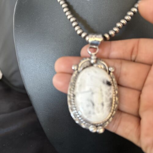 Navajo White Buffalo Turquoise Pendant Necklace | Sterling Silver | Authentic Native American Handmade | 14244