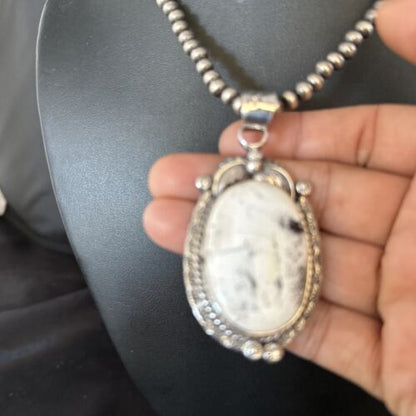Navajo White Buffalo Turquoise Pendant Necklace | Sterling Silver | Authentic Native American Handmade | 14244