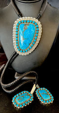 Navajo Blue Kingman Turquoise Bolo Tie | Sterling Silver | Authentic Native American Handmade | 14228