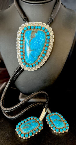 Navajo Blue Kingman Turquoise Bolo Tie | Sterling Silver | Authentic Native American Handmade | 14228