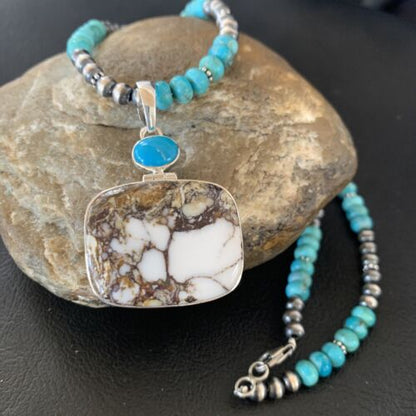 Navajo Pearl Blue Turquoise, Wild Horse & Multi-Stone Pendant Necklace | Authentic Native American Sterling Silver | 11862