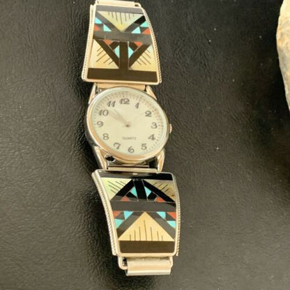 Navajo Men's Watch Tips | Sterling Silver with Onyx, Coral, Turquoise Inlay | Authentic Native American Jewelry | 11576