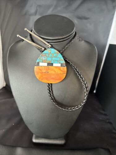 Men's Bolo Tie | Turquoise & Orange Spiny Oyster | Sterling Silver Tips | Authentic Native American Handmade | 14630