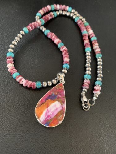 Navajo Pearls Necklace with Turquoise & Purple Spiny Oyster Pendant | Sterling Silver | 13293
