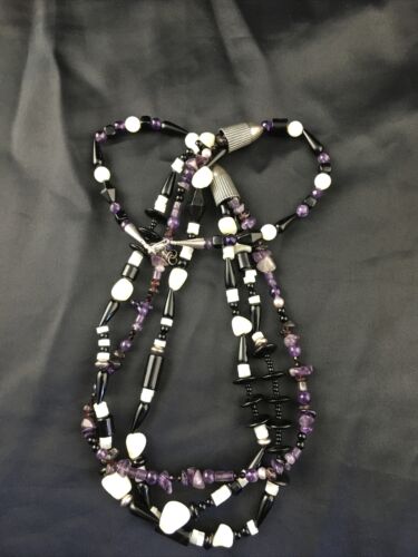 Navajo Black Onyx Mother of Pearl 3-Strand Turquoise Bead Necklace | Sterling Silver | 27" | 10150