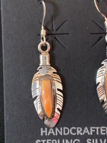 Navajo Orange Spiny Oyster Feather Earrings Set | Sterling Silver | Authentic Native American Handmade | 2741