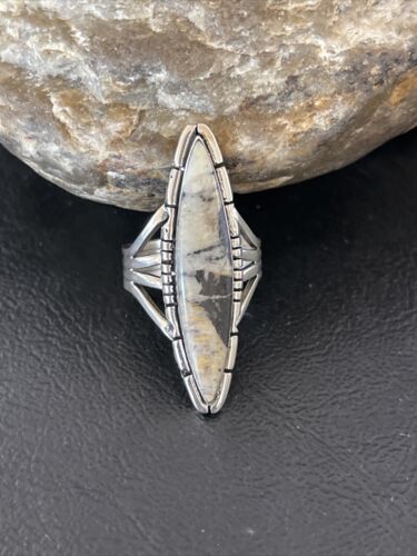 Southwestern Navajo White Buffalo Turquoise Ring | Sterling Silver | Sz 8 | 10295