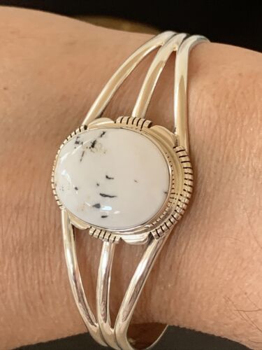 Navajo White Buffalo Turquoise Cuff Bracelet | Sterling Silver | Authentic Native American Handmade | 1388