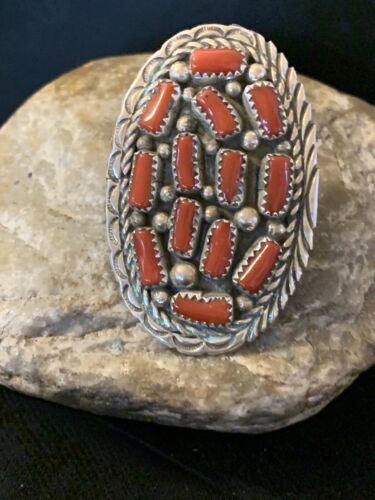 Navajo Red Coral Cluster Ring | Authentic Native American Sterling Silver | Multi-Stone | Sz 6.5 | 02220