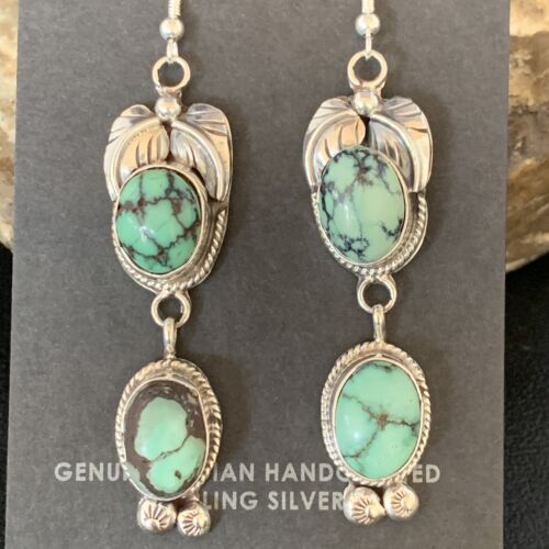 Green Handmade Navajo Spiderweb Turquoise Sterling Dangle Earrings 13549