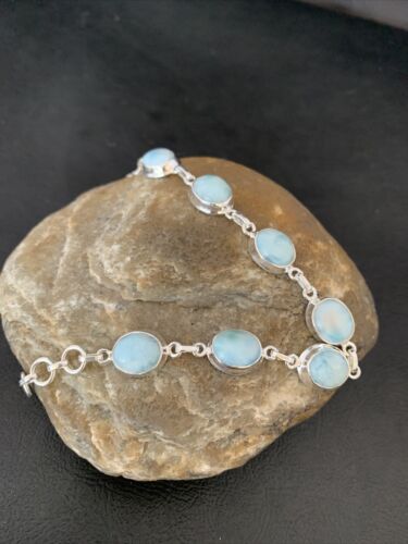 Navajo Blue Larimar 7 Link Bracelet | Sterling Silver | 7.5" | Authentic Native American Handmade | 10623