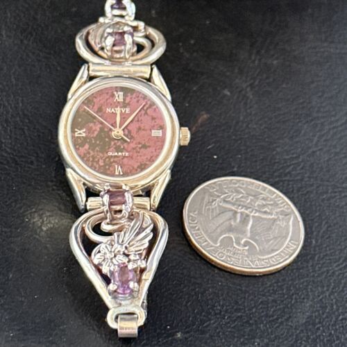 Authentic Navajo Sterling Silver Wrist Watch Tips | Purple Amethyst Feather Design | Women's Jewelry | 14315