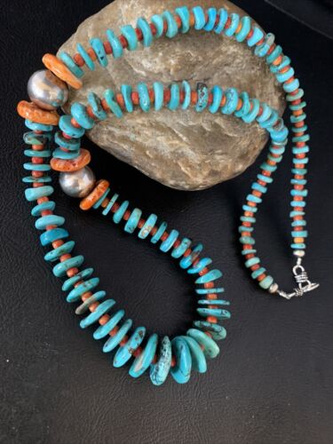 Navajo Natural Turquoise & Spiny Oyster Necklace | Sterling Silver | Authentic Native American | 25" | 13493