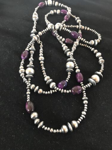 Navajo Pearls Necklace | Sterling Silver Sugilite Beads | 70" | Authentic Native American Handmade | 8052