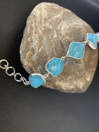 Navajo Blue Kingman Turquoise Rough Link Bracelet | Sterling Silver | 8" | 11651