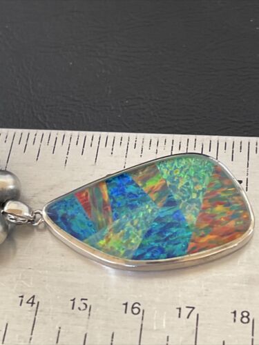 Men's Sterling Silver Necklace | Blue Lapis Bead | Opal Inlay Pendant | 10583