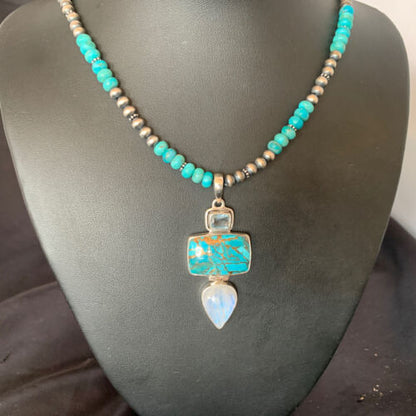 Navajo Pearls Necklace with Blue Mojave Turquoise Moon Pendant | Authentic Native American Sterling Silver | Multi-Stone | 11867