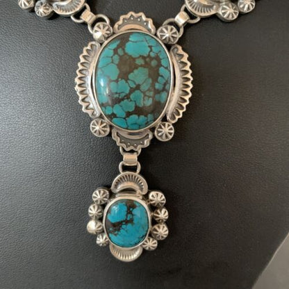 Navajo Lariat Spiderweb Turquoise Pendant Necklace | Sterling Silver | 25" | Authentic Native American Handmade | 01337
